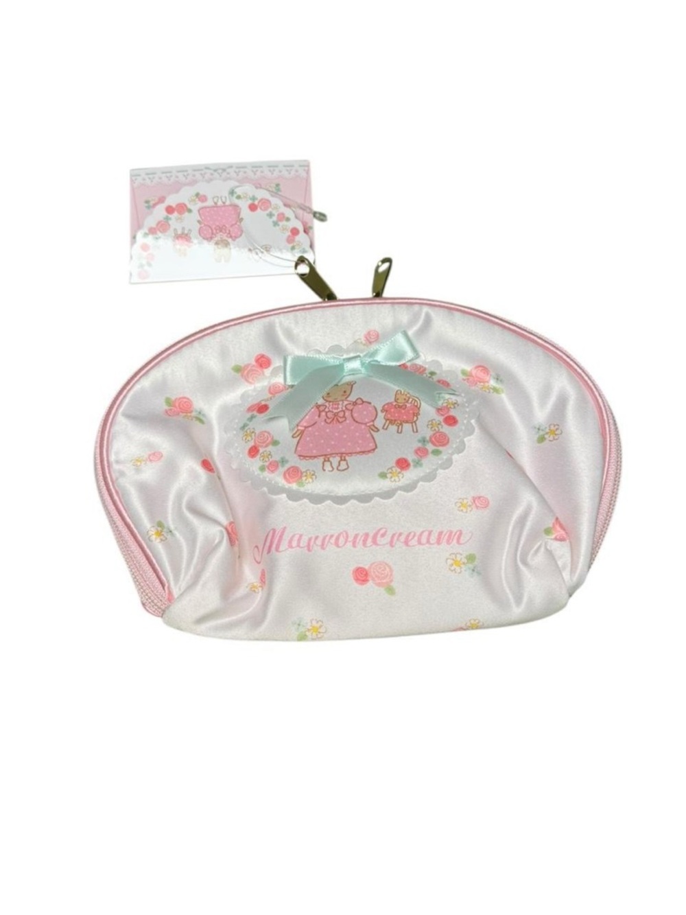 Cute Pink 'Marroncream' Satin Cosmetic Pouch with Bow
